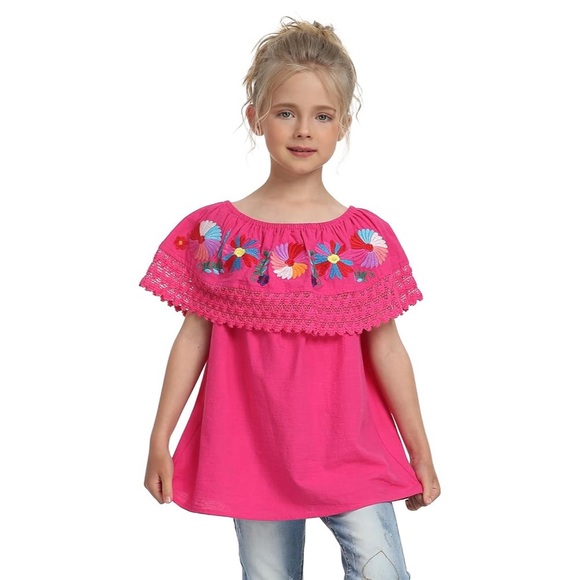 Girls Mexican Traditional Embroidered Off The Shoulder Peasant Lace Blouse - Picture 1 of 7